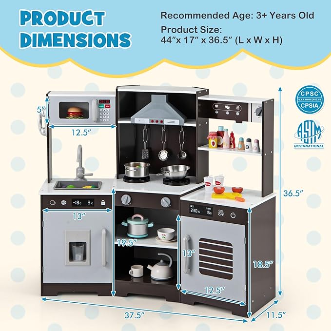 Costzon Corner Kids Kitchen Playset, Wooden Toy Kitchen Set with Range Hood, Ice Maker, Pretend Telephone, Sink, Faucet, Microwave, Oven, Play Kitchen with Lights and Sounds for Toddlers (Brown)