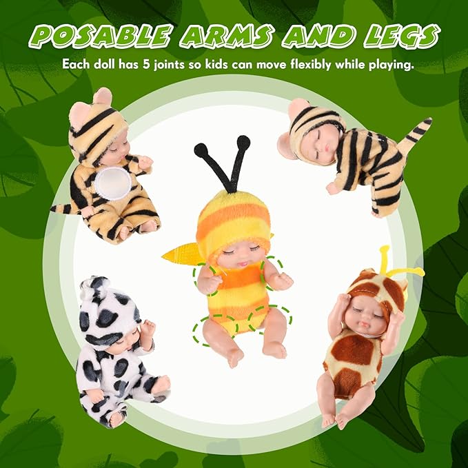 Hanaive 4 Pcs 4 Inch Mini Baby Dolls Lifelike Realistic Baby Dolls Animal Clothes Cute Tiny Gifts for Kids Birthday Party(Print Style)