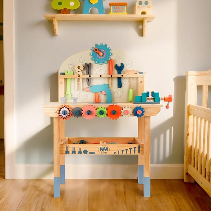 Tool Bench for Kids Toy Play Workbench Wooden Tool Bench Workshop Workbench with Tools Set Wooden Construction Bench Toy for 3 4 5 Year Old Boys and Girls
