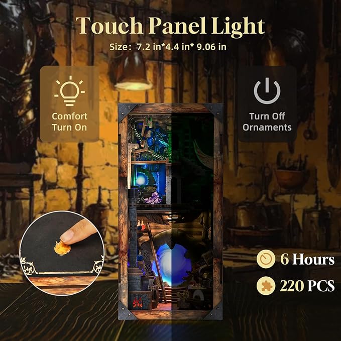 Book Nook Kit, DIY Miniature Dollhouse Booknook Kit, 3D Wooden Puzzle Bookend Bookshelf Insert Decor with LED Light for Teens and Adults (Blade and Magic)