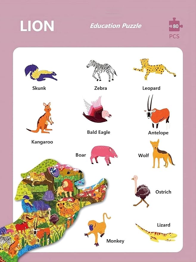 PINU Jigsaw Puzzles for Kids Ages 3-5, 6-8, 8-10, Children Colorful Fun Animal Shaped Puzzle Learning Educational Toys Gifts Games for Boys and Girls (Lion-80 PCS)