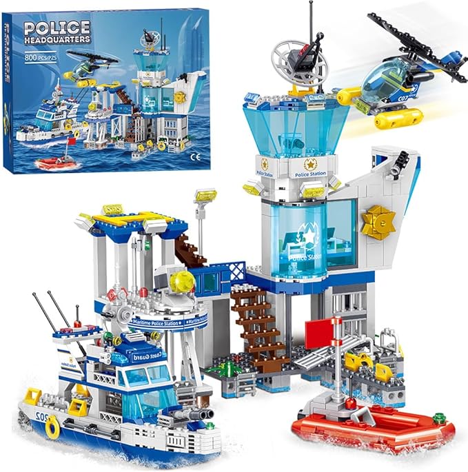 MindBox Police Station Building Blocks Set, 800pcs Building Toy with Ship,Boat & Helicopter for Boys 8+