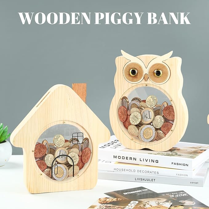 Wooden Money Bank, House-Shaped Piggy Bank with Clear Window, Decorative Coin Storage Box for Kids (Round House Piggy Bank)