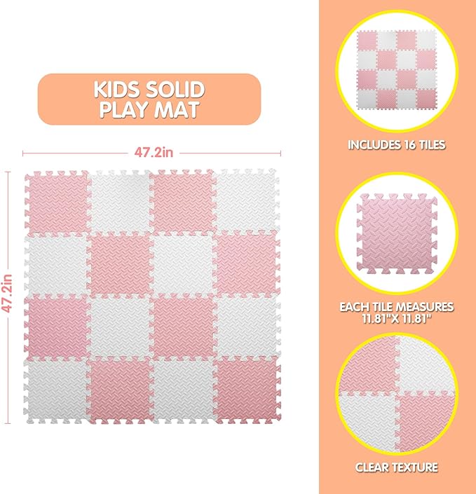 16 Tiles Foam Play Mat for Baby, Soft & Safe EVA Foam Mats for Floor, Square Baby Play Mat, Kids Foam Puzzle Floor Mat, 47x47 Play Mat for Playpen(White/Loli Pink)