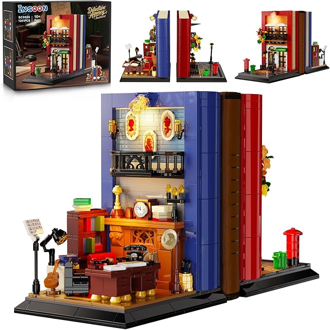 Detective Bookend Building Set with Lights, 1241 PCS Detective Agency Street House Building Block Kit for Home Decor Bookshelf, Collectible Mystery Bookstand Model for Adults Boys Girls Age 12+