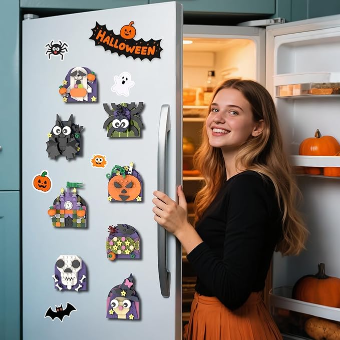 ZYLEGEN Halloween Fridge Magnets Ornaments Building Kit, Ghost, Candy, Bat, Castle, Pumpkin, Spider, Witch Decor Toys Gifts for Halloween Ages 6+ Boys Girls Adults Kids