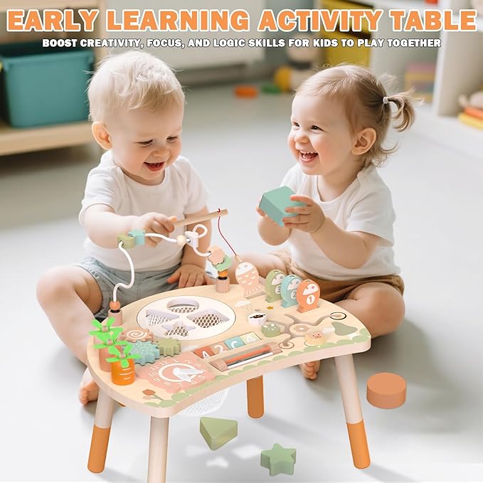 Activity Table for 1+ Year Old, 9-in-1 Montessori Wooden Activity Center with Shape Sorter Fishing Game Bead Maze, Baby Play Table Sensory Educational Toys for Toddler (Natural)