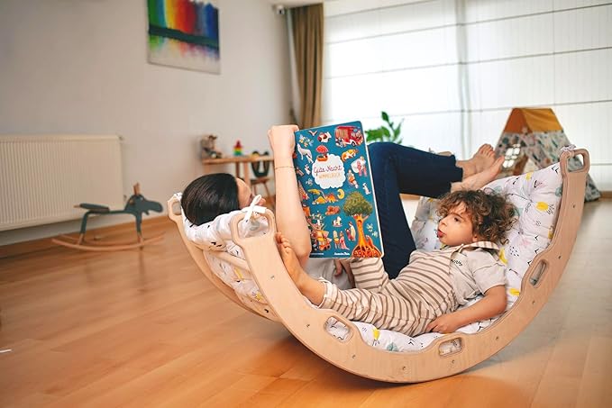 Climbing Arch | Montessori Rocker Arch | Arch with Cosy Pillow | Wooden Climbing Arch with Cushion | Wooden Climbing Arch and Rocker | Indoor Playground Cosy Cushion Rocker (Flamingo)