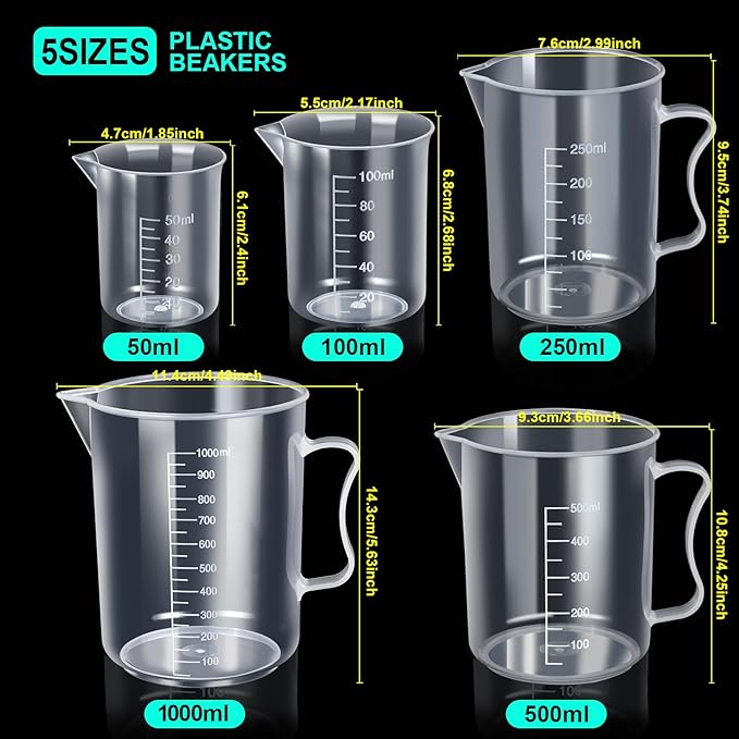Teenitor Graduated Cylinder Plastic Beaker, 5pcs Plastic Graduated Cylinder 10ml 25ml 50ml 100ml 250ml and 5pcs Plastic Beakers 50ml 100ml 250ml 500ml1000ml Clear 10pcs