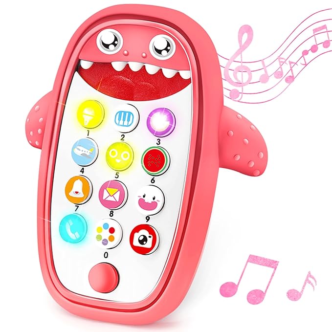 Baby Shark Cell Phone Toy Removable Teether Case, Light, Music & Adjustable Volume Kids Play & Learn Fake Phone Infant Toddler, Preschool Holiday Birthday Presnet for Girl Boy 12 Months (Red)