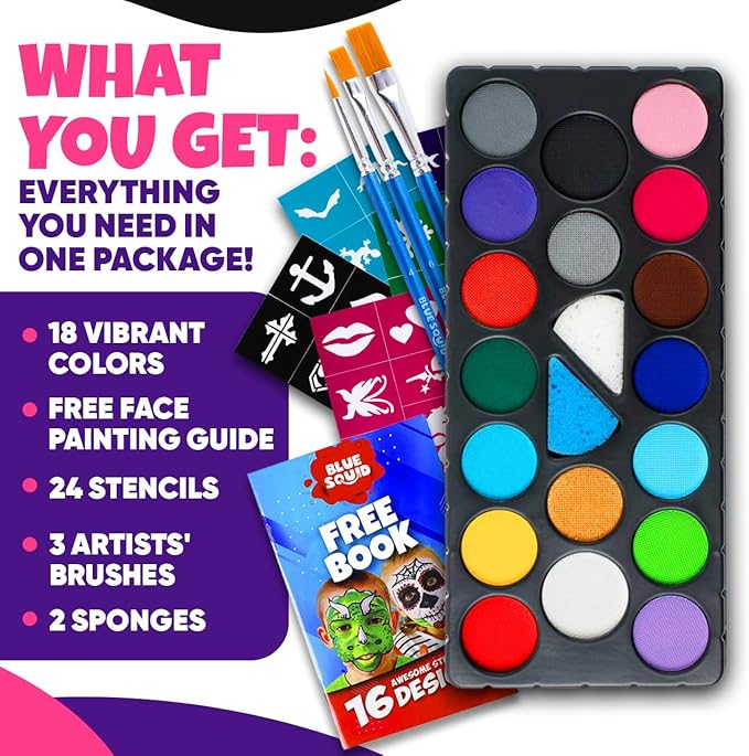 Blue Squid Face Painting Kit for Kids – 18 Colors Kids Face Paint Kit Palette with Stencils & Guided Tutorial, Water Activated Non Toxic Washable Professional Facepaint body set Halloween Party Makeup