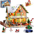 Christmas House Mini Building Set with Light, PLAXSOON 1961 PCS Holiday Snow Village Architecture Model Building Block with Santa Claus Sleigh, Xmas Display Toy Set for Adults Kids Boys Girls Ages 14+