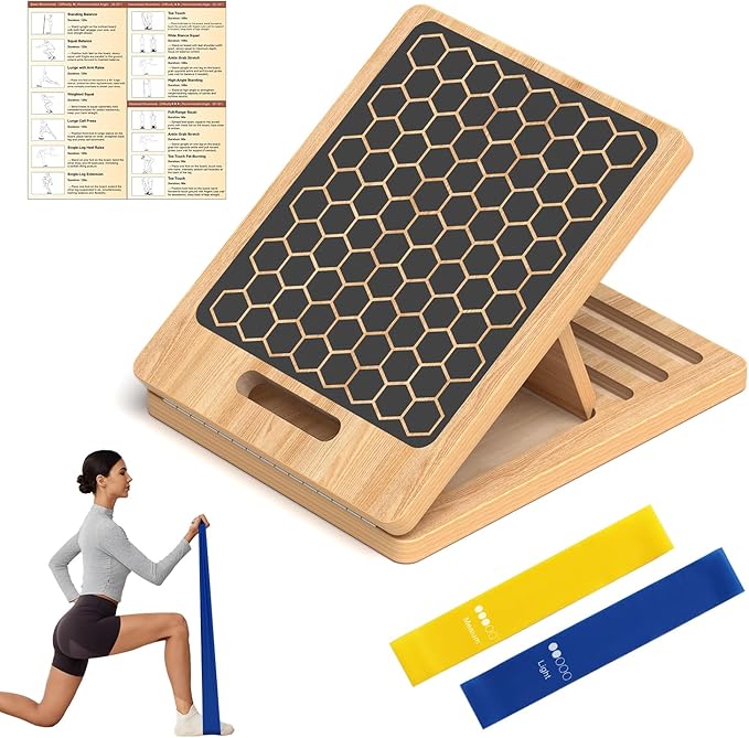 Wooden Slant Board for Calf Stretching, Adjustable Portable Wooden Incline Board with Training Guide, 300 lb. Load Capacity, Physical Therapy Equipment for Legs, Knees, Heels and Ankles