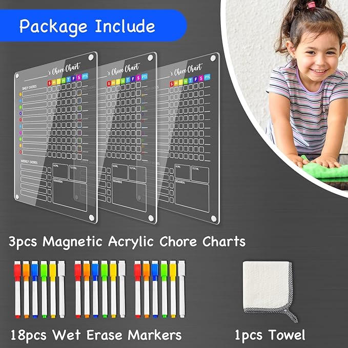 PigPotParty Acrylic Magnetic Chore Chart for Kids, 12"x16" Reward Responsibility Chart, Chores Checklist, 3 Weekly Dry Erase Fridge Board for Teens Adult Family Multiple Kids, w/ 18 Markers & Towel