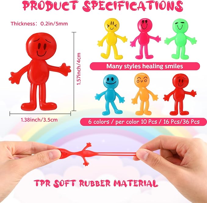 96 Pcs Stretchy Bendable Man, Treasure Box Toys for Classroom, Stretchable Smile Figures, Assorted Color Bendable Toys, Carnival Prizes Party Gift Bag Filler Birthday Party Gifts Stress Relief Toys