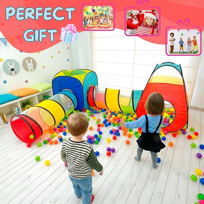 4 in 1: Play Tent With Crawling Tunnel, Partial Ball Pit, and Playhouse - Children's Baby Tent With Bag, Multi-Coloured B