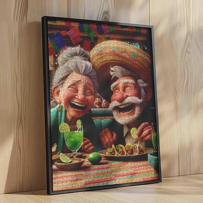 Laughing Old Couple Dining Fiesta 1000 Piece Jigsaw Puzzle for Adults and Students Fun Mexican Style Food Theme Colorful Cartoon Art Decor 20×27 Inches Relaxing Brain Challenge Gift