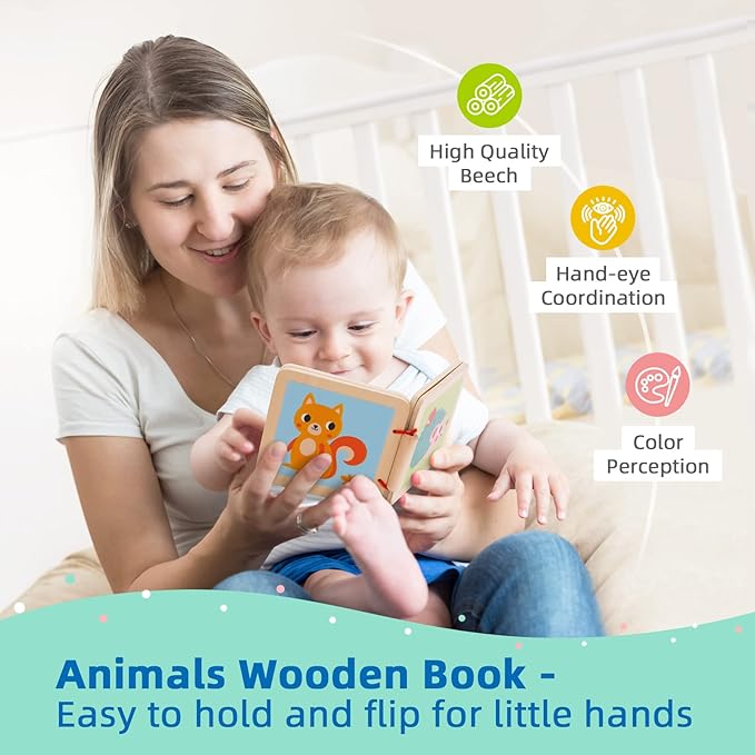 TOOKYLAND Montessori Toys for Babies 6-12 Months, 7 in 1 Learning Educational Set Wooden Toys (Includes Baby Rattle, Object Permanence Box, Wooden Book, Teething Toy and More)