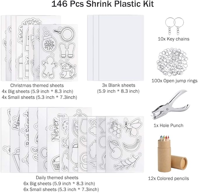 Auihiay 146 PCS Heat Shrink Plastic Sheet Kit Include 20 Shrink Paper with Christmas or Daily Pattern & 3 Blank Shrink Film Paper, Hole Punch, Keychains, Pencils for Kids Craft School Project