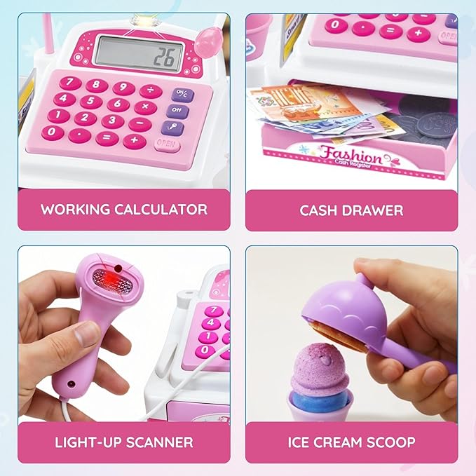 Ice Cream Store Mini Cash Register with Pretend Play Desserts, Working Scanner, Calculator, Microphone, Money and Credit Card
