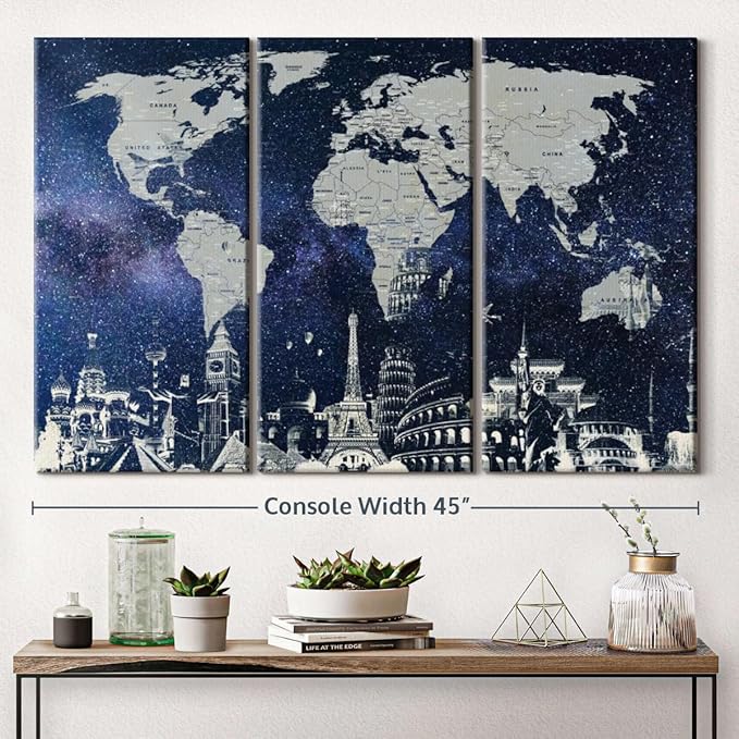 ElephantStock Starry World Map Multi Piece Canvas - 3 Panel Wall Decor - Map of the World Art - Canvas for the Office and Home - 45" X 28"