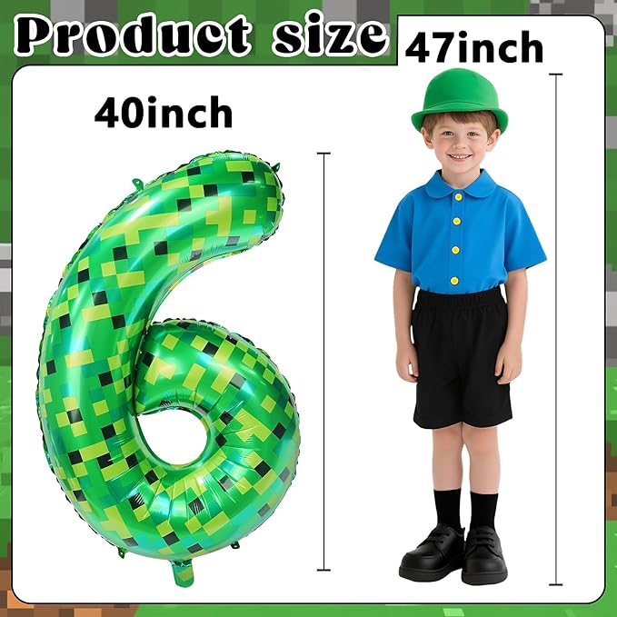 40in Pixel Giant Number 6 Balloon Birthday Decorations, Miner Theme Green Foil Balloons Blast Gaming Party Supplies
