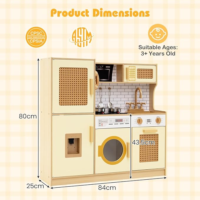 Costzon Kids Kitchen Playset, Wooden Play Kitchen w/Rattan Door, Realistic Lights & Sounds, Water Dispenser, Washing Machine, Cooking Accessories, Montessori Toy for Kids 3+ Year Old (Yellow)