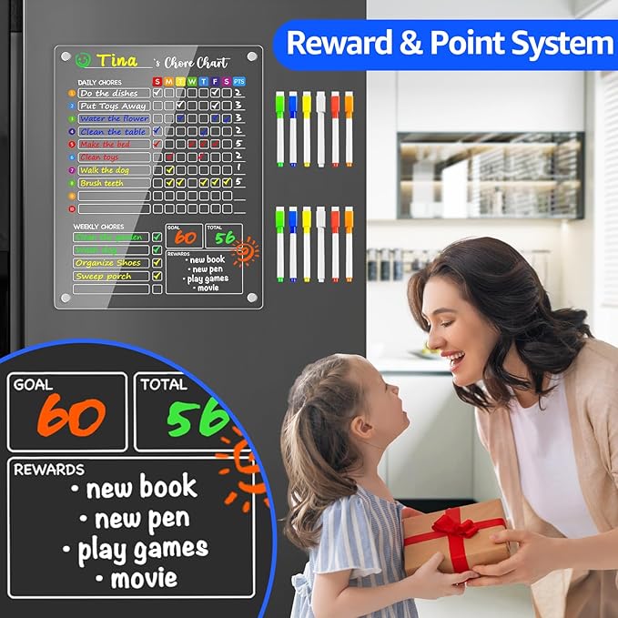 PigPotParty Acrylic Magnetic Chore Chart for Kids, 12"x16" Reward Responsibility Chart, Chores Checklist, 1 Weekly Dry Erase Fridge Board for Teens Adult Family Multiple Kids, w/ 12 Markers & Towel