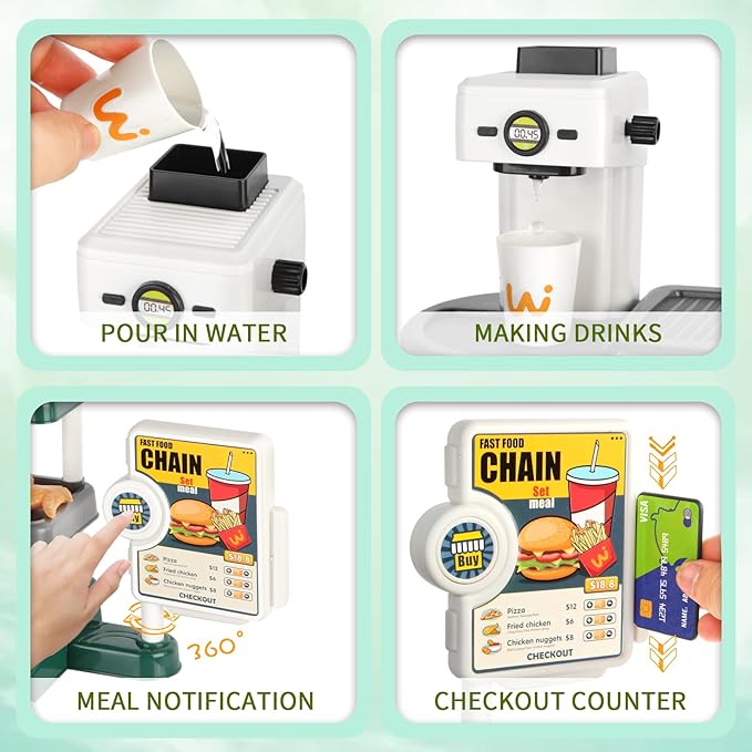 Pretend Play Food Toy for Kids Kitchen with Cash Register, Coffee Maker, 71 Pcs Fast Food Set with Burger, Fries, Ice Cream, Play Money, Educational Birthday Gift for Boys Girls Ages 3-8 (Green)