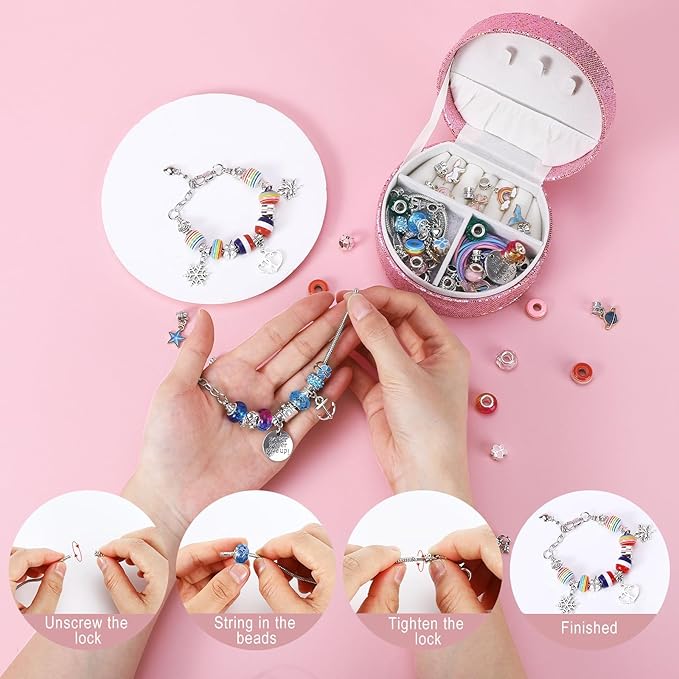 Emibele Girls Charm Beads Bracelet Making Kit with Portable Jewelry Box, Jewelry Making Kit for Kids Age 5 6 7 8-12, DIY Arts Crafts Toys for Teens Girls Gift Choices on Birthday Valentines Christmas