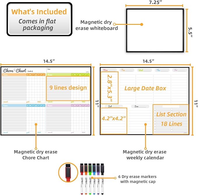 JJPRO Magnetic Dry Erase Chore Chart and Weekly Calendar Set for Fridge-Chore Chart for Multiple Kids,Weekly Planner Board,Family Chore Chart for Multiple Kids&Adults,Bonus to-do Whiteboard