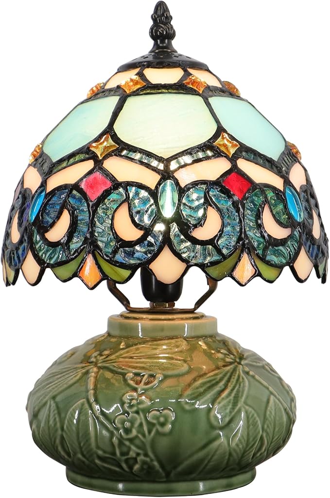 Small Tiffany Lamp Mushroom Table Lamp, Mini Stained Glass Desk Light Memory Sympathy Ceramic lamp 8X11 Inch (Sapphire Style)