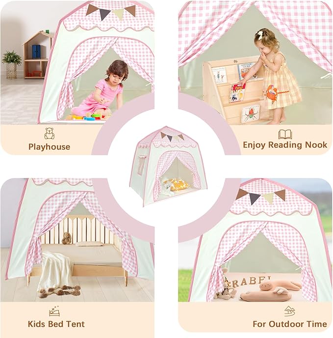Toddler Bed Tent, Kids Play Tent with Flags, Star String, Portable Bed Canopy for Boys & Girls, Children, Indoor Outdoor Dome Playhouse, Pink Plaid, 51" x 39" x 51"