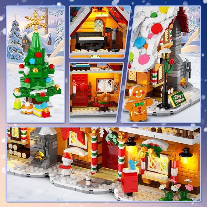 HOGOKIDS 2025 Advent Calendar Gingerbread House Mini Building Set with Light, 24 Days Countdown 3 Style Christmas Village Blocks Toy with Xmas Tree, for Adults Kids Boy Girls Ages 10+