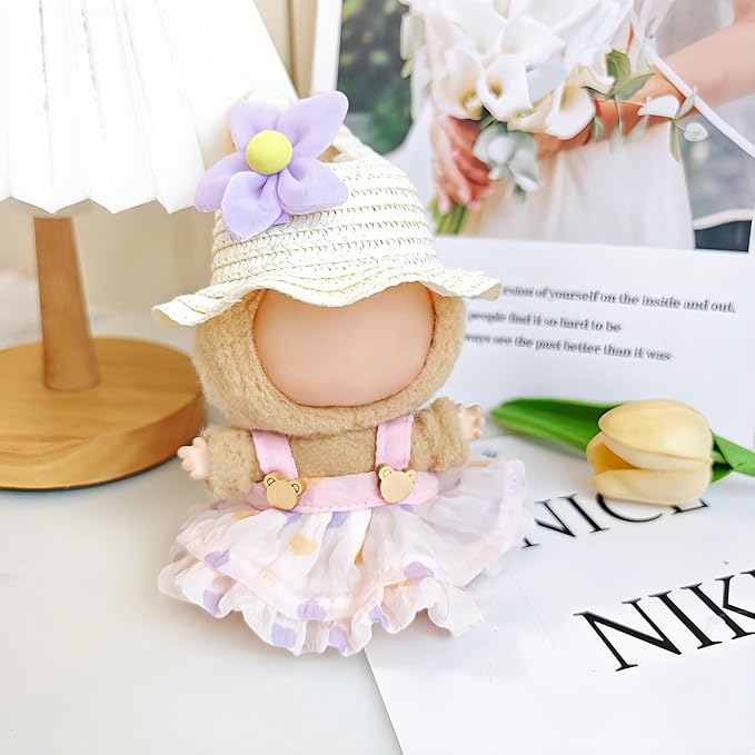 17cm Doll Clothes | Fashion Kawaii Chic Summer Set for Dolls | 4-Piece Outfit with Straw Weave Sun Hat, Floral Decor, Pink Floral Dress & Mini Water Kettle (NO Doll)