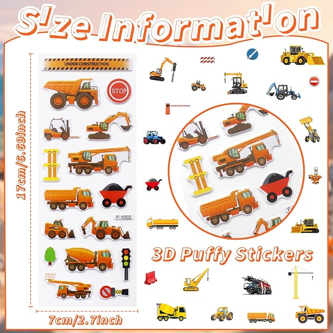 36 Sheets 3D Construction Stickers for Kids (900+), Bulk Puffy Truck Stickers - Excavator, Bulldozer, Crane with Safety Signs & Tools for Boys Crafts, Rewards