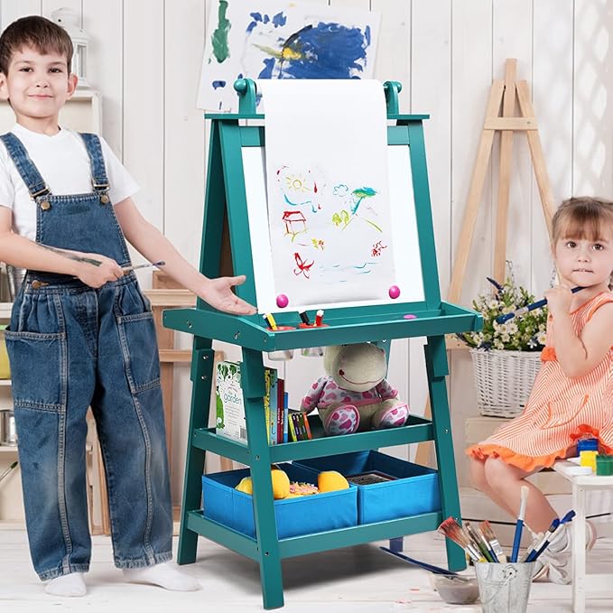 Costzon Kids Art Easel, 3 in 1 Double-Sided Wooden Easel w/Magnetic Whiteboard, Chalkboard & Paper Roll, 2-Tier Rack w/ 2 Storage Boxes, Standing Easel for Kids, Toddlers, Boys, Girls (Blue)