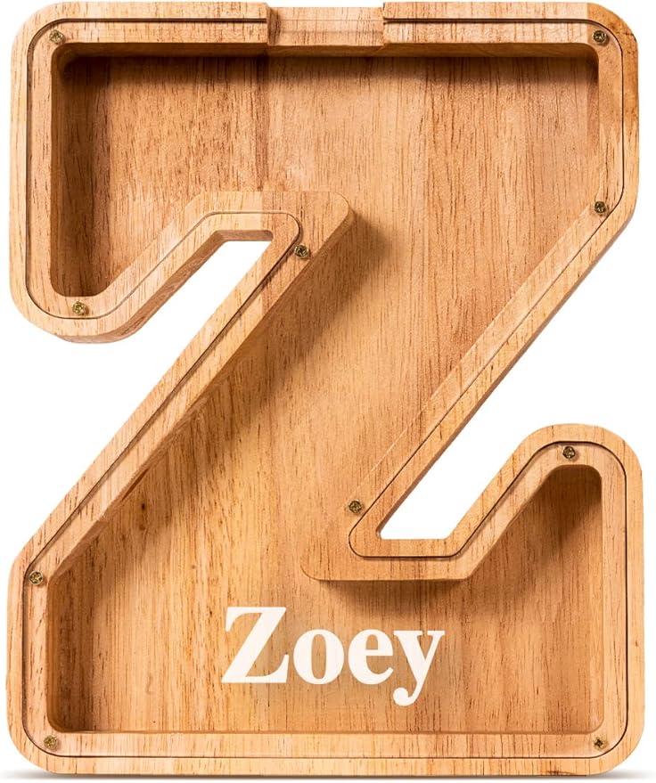 Customized Name Large Wooden Piggy Bank for Kids Boys Girls Alphabets Letter A-Z Coins Bills Money Change Bank Box Initial on Clear Cover (Laser Engraved) (Alphabet-Z, Personalized-9")