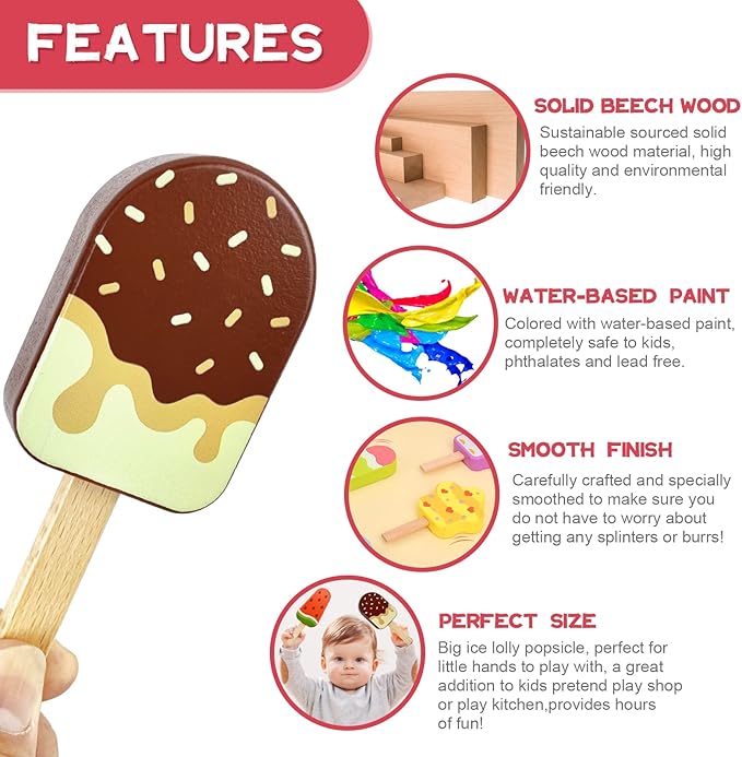 Wooden Ice Cream Toy for Kids, Toddler Pretend Play Food Ice Lolly Pops Set, Preschool Educational Toys and Gifts for Kids Age 3 4 5 6 Years Old