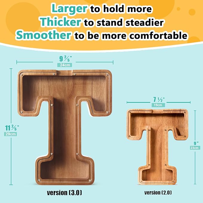 Summidate Customized Name Extra Large Wooden Piggy Bank for Kids Boys Girls Alphabets Letter A-Z Coins Bills Money Change Saving Box Clear Cover (Laser Engraved) Educational Toys 12"- Letter T