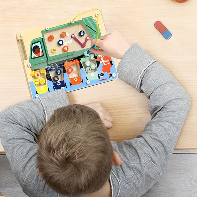 TOP BRIGHT Magnetic Color Maze Sorting Game Montessori Toys for 3+ Year Old, Wooden Garbage Recycling Game Toddler Travel Toys Fine Motor Skills for Boys Girls