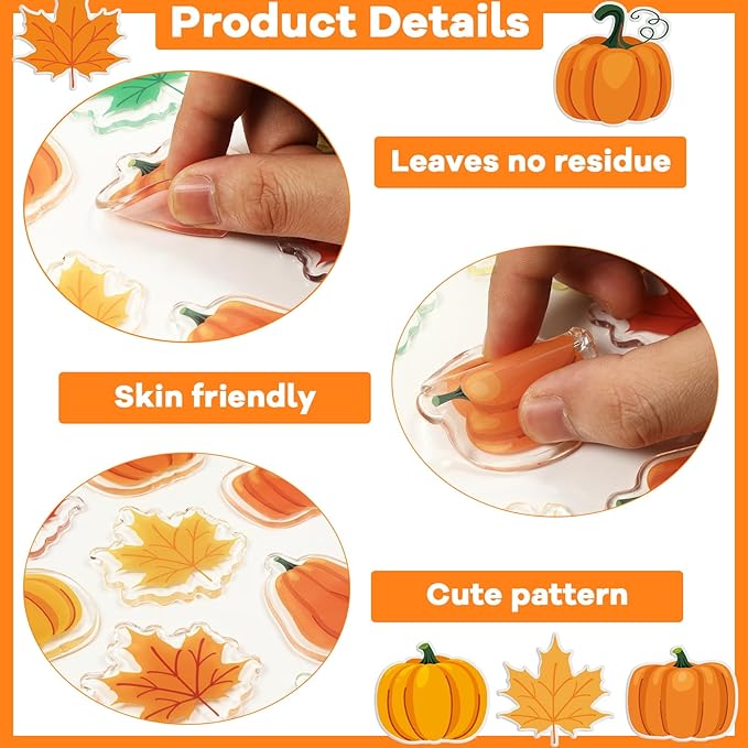 20 PCS Pumpkin Thick Gel Clings Fall Window Decorations Maple Leaves Glass Window Sticker Thanksgiving Decals Stickers for Kids Toddlers Home Airplane Autumn Thanksgiving Harvest Party Supplies