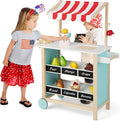 Costzon Kids Pretend Play Grocery Store, Wooden Ice Cream Cart Toy Set for Kids with Ice Cream Making Counter, Scale, Bell, Display Shelves, Black Board, Canopy, Solid Wooden Wheels, Gift for Toddlers