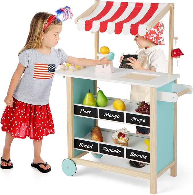 Costzon Kids Pretend Play Grocery Store, Wooden Ice Cream Cart Toy Set for Kids with Ice Cream Making Counter, Scale, Bell, Display Shelves, Black Board, Canopy, Solid Wooden Wheels, Gift for Toddlers