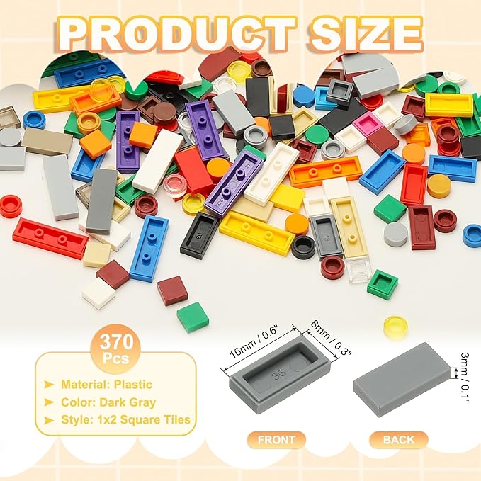 PATIKIL 370 Pcs Flat Blocks Bulk, 1x2 Square Dark Gray Classic Tiles Smooth Surface Mini Building Blocks Accessories Compatible Bricks Kits for Building Floor Walls Mosaic Pixel Arts