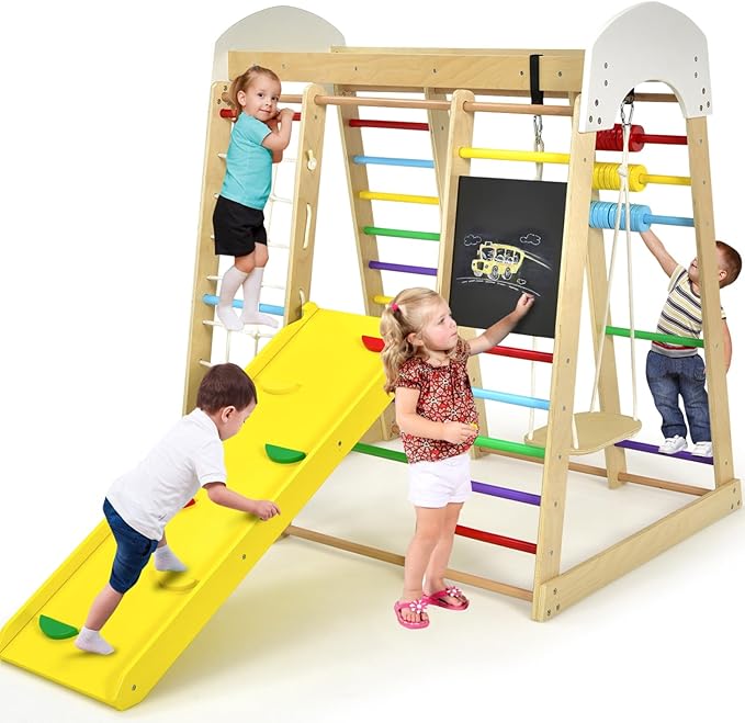 Costzon Indoor Jungle Gym, 8-in-1 Montessori Climbing Toys for Toddlers with Double-Sided Slide, Climbing Rock/Net, Indoor Wooden Playground Climber Playset for Kids 3+ Years Birthday