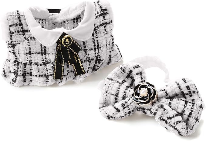 17cm Doll Clothes for Labubu - Luxury Chic Style Set for 17cm Dolls, Premium Doll Outfit with Accessories - White Plaid Tweed Dress + Black Necktie + Plaid Bow (Clothes Only)