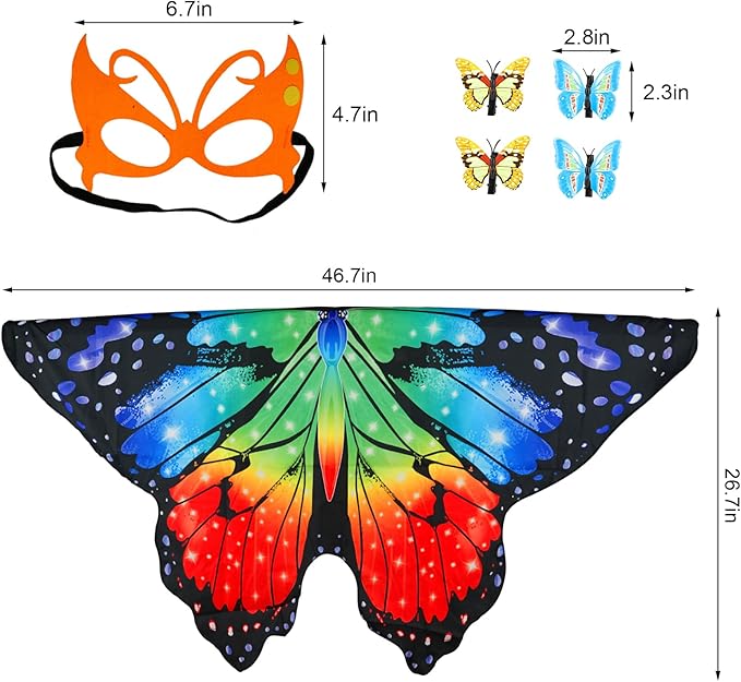 Butterfly Costume for Girls Fairy Wings Kids 4 Pcs(Cape,Skirts,Masks,Hair Clips) Butterfly Wings for Halloween Gifts
