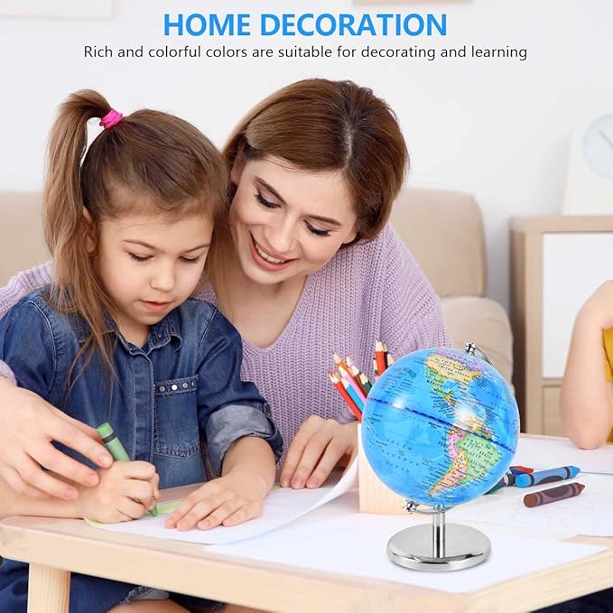 6 Inch World Globe Rotating Earth Spinning Globe with Heavy Metal Stand for Kids Geography Classroom Education or Office Home Decorations