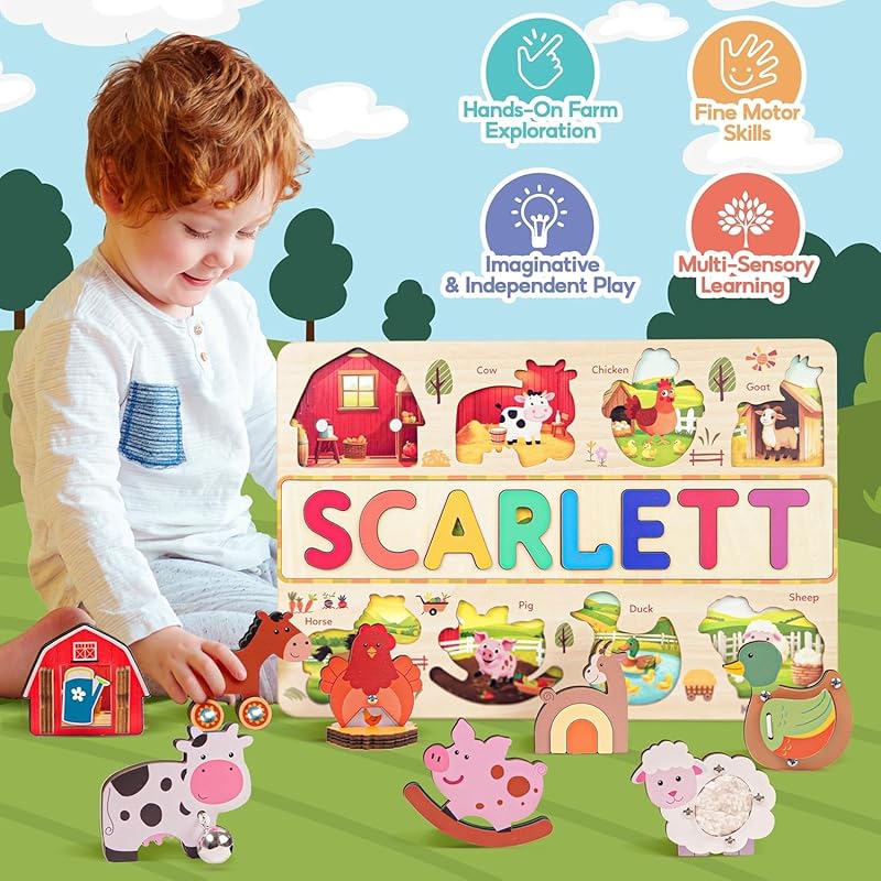 Personalized Wooden Name Puzzle for Toddlers 1-3 - Montessori Farm Animal Sensory Toy, Custom Educational Learning Toys for Toddlers to Boosts Fine Motor Skills, Perfect Birthday Gift